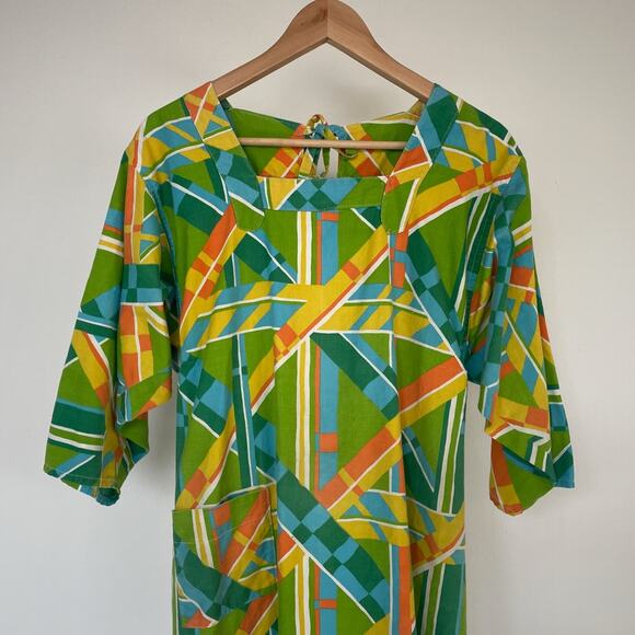 Vintage 60's Green Geometric Artist Smock / One Size / Retro Novelty Mod - Picture 3 of 8